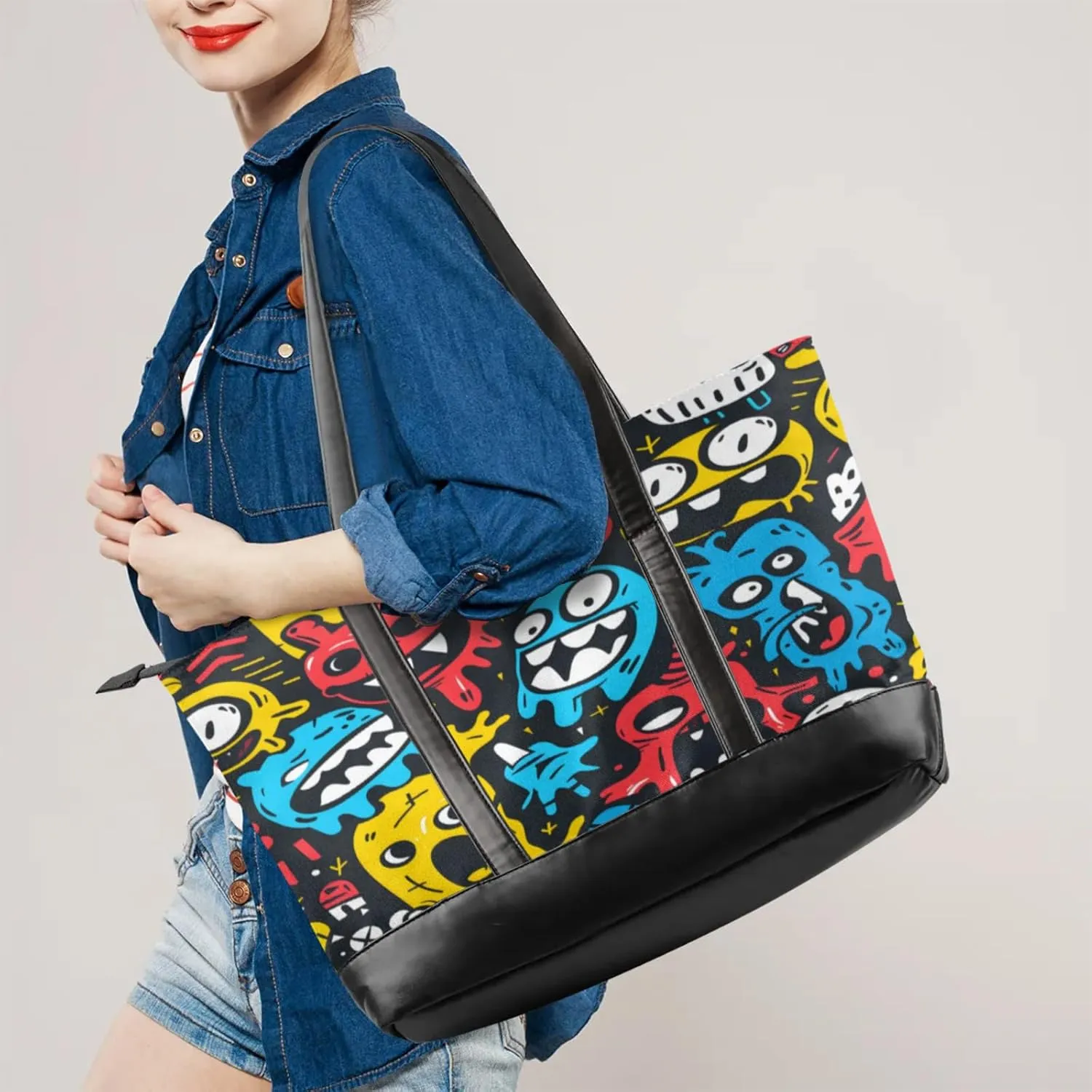 Women Tote Bag with Zipper, Shopper Handbag Travel Purse, PU Leather Laptop Tote Bags, Weekender Tote Bags