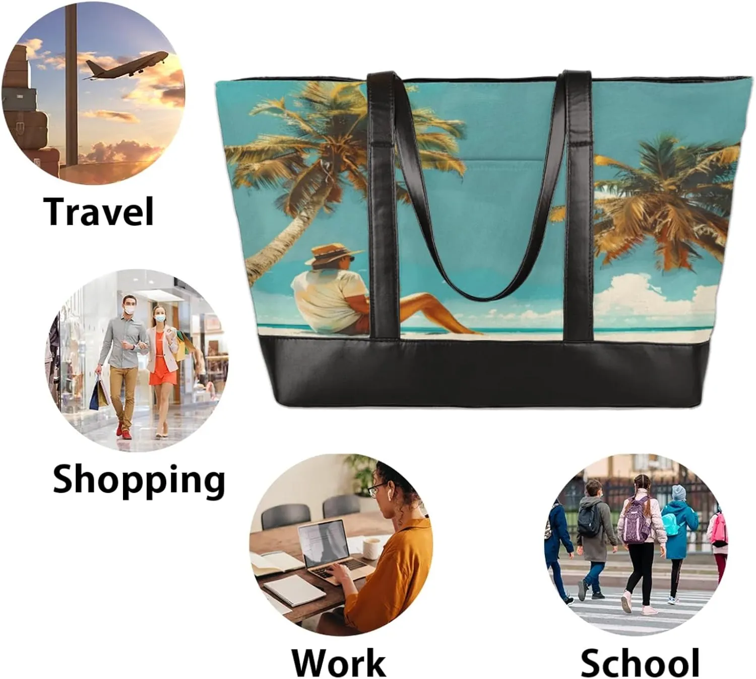 Women Tote Bag with Zipper, Shopper Handbag Travel Purse, PU Leather Laptop Tote Bags, Weekender Tote Bags