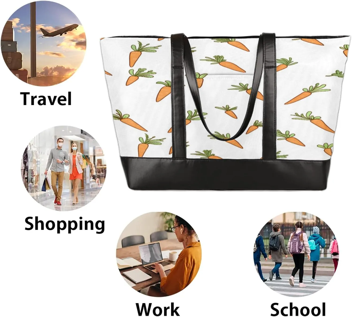 Women Tote Bag with Zipper, Shopper Handbag Travel Purse, PU Leather Laptop Tote Bags, Weekender Tote Bags