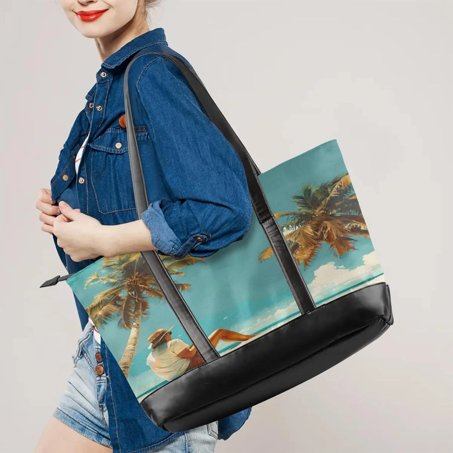 Women Tote Bag with Zipper, Shopper Handbag Travel Purse, PU Leather Laptop Tote Bags, Weekender Tote Bags