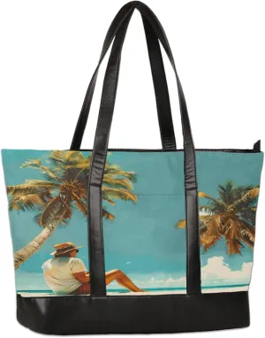 Women Tote Bag with Zipper, Shopper Handbag Travel Purse, PU Leather Laptop Tote Bags, Weekender Tote Bags