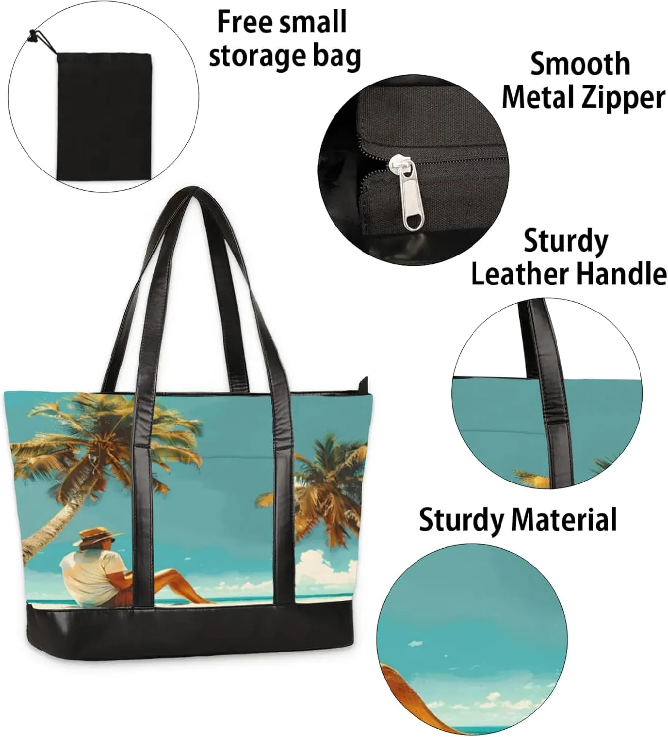 Women Tote Bag with Zipper, Shopper Handbag Travel Purse, PU Leather Laptop Tote Bags, Weekender Tote Bags