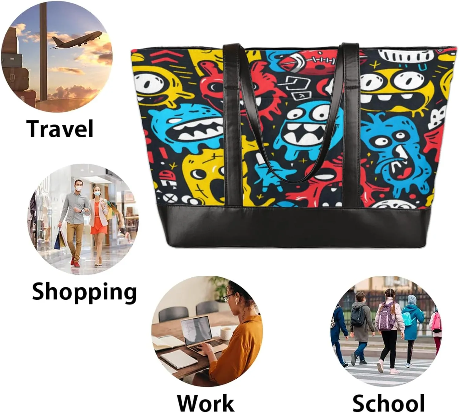Women Tote Bag with Zipper, Shopper Handbag Travel Purse, PU Leather Laptop Tote Bags, Weekender Tote Bags