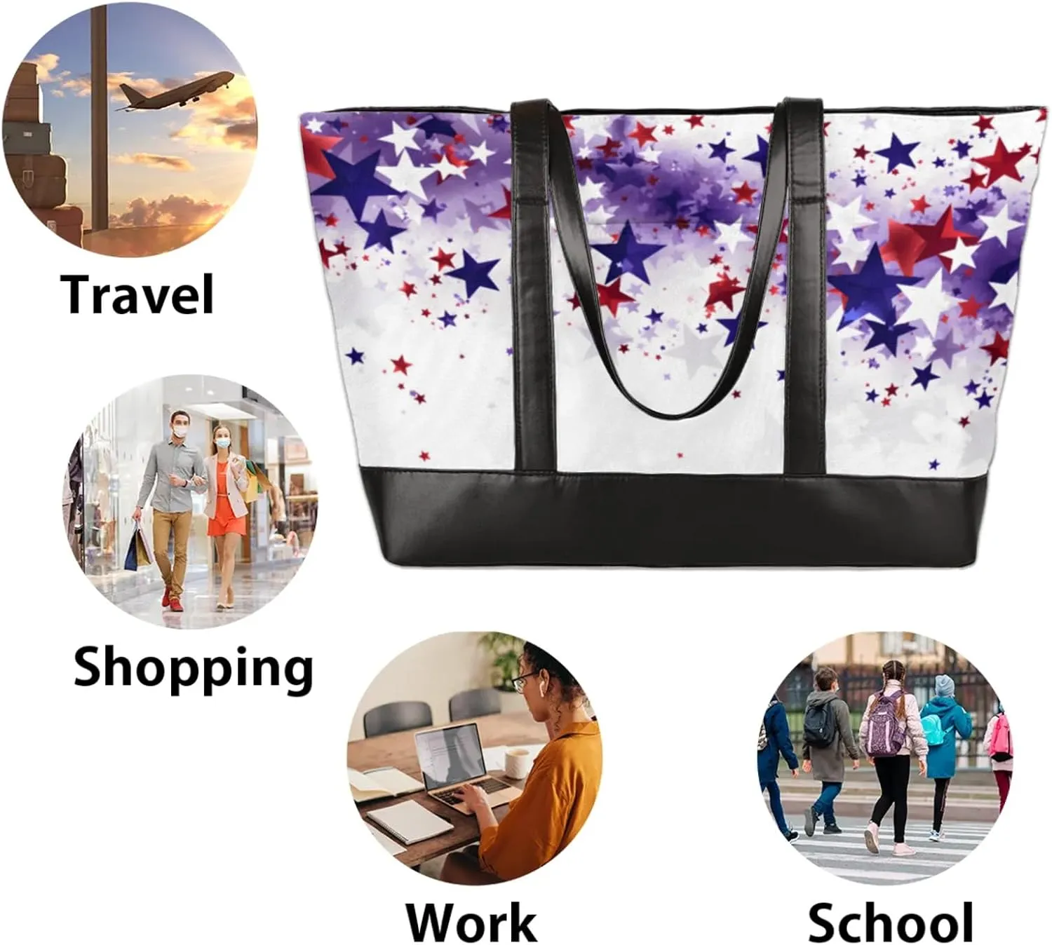 Women Tote Bag with Zipper, Shopper Handbag Travel Purse, PU Leather Laptop Tote Bags, Weekender Tote Bags