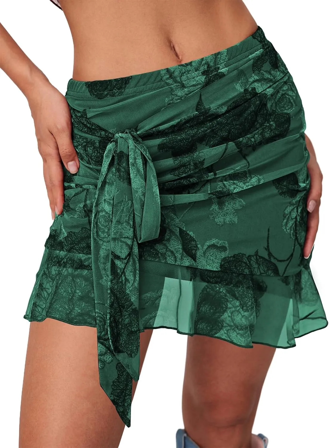 Women's Mesh Mini Skirt Tie High Waist Summer Floral Print Ruched Ruffle Short Skirts