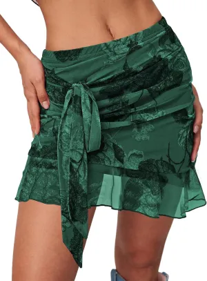 Women's Mesh Mini Skirt Tie High Waist Summer Floral Print Ruched Ruffle Short Skirts