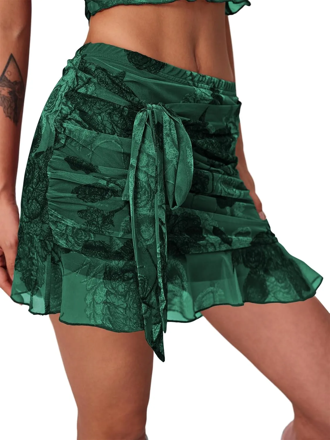 Women's Mesh Mini Skirt Tie High Waist Summer Floral Print Ruched Ruffle Short Skirts
