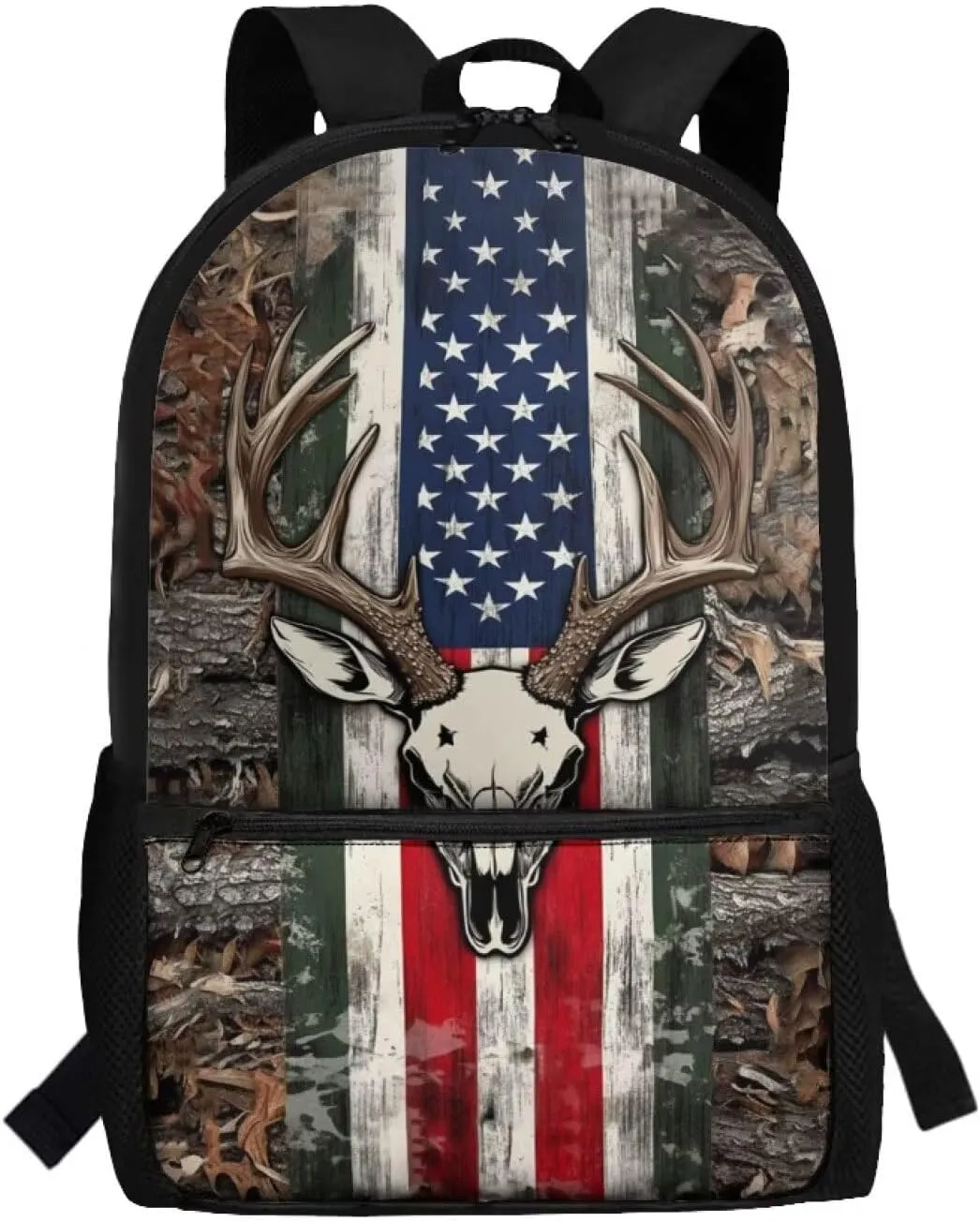 Wood Deer Boys School Backpacks for Elementary 17'' School Bag with Front Zip Pocket Camo American Flag Backpack for Kids Boys 8-10 Large Capacity 2nd Grade Bookbag