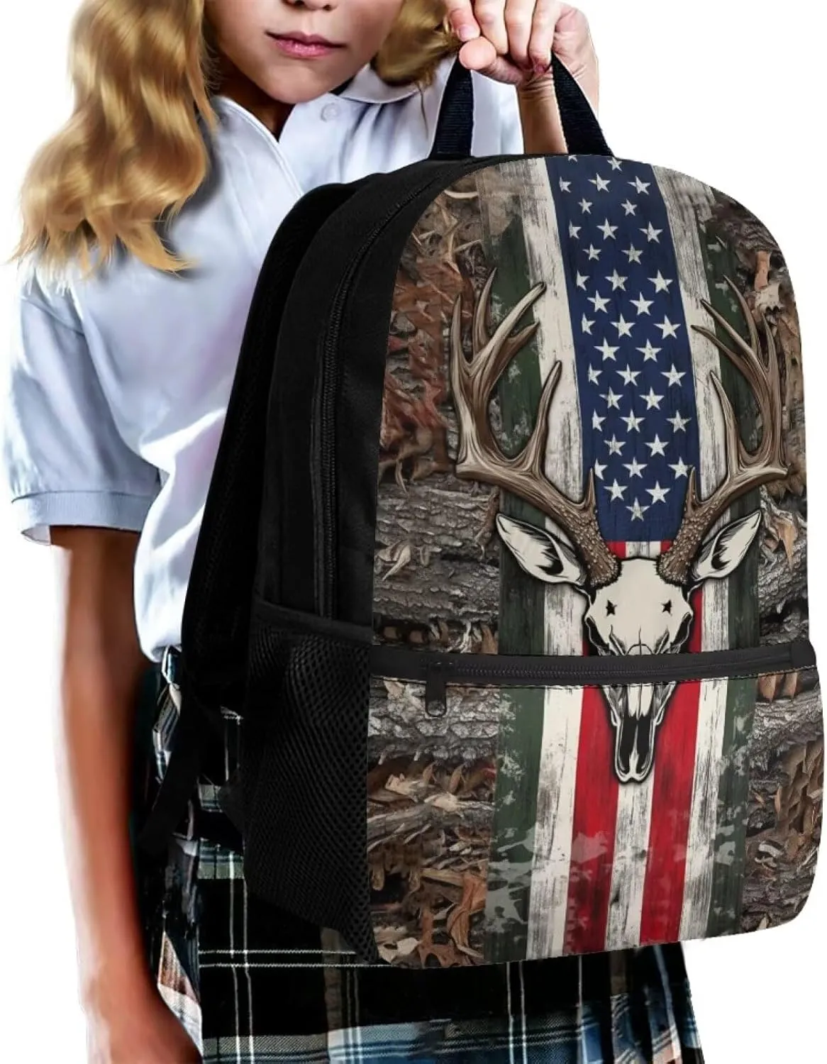 Wood Deer Boys School Backpacks for Elementary 17'' School Bag with Front Zip Pocket Camo American Flag Backpack for Kids Boys 8-10 Large Capacity 2nd Grade Bookbag