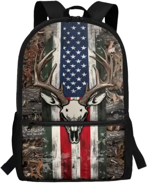 Wood Deer Boys School Backpacks for Elementary 17'' School Bag with Front Zip Pocket Camo American Flag Backpack for Kids Boys 8-10 Large Capacity 2nd Grade Bookbag