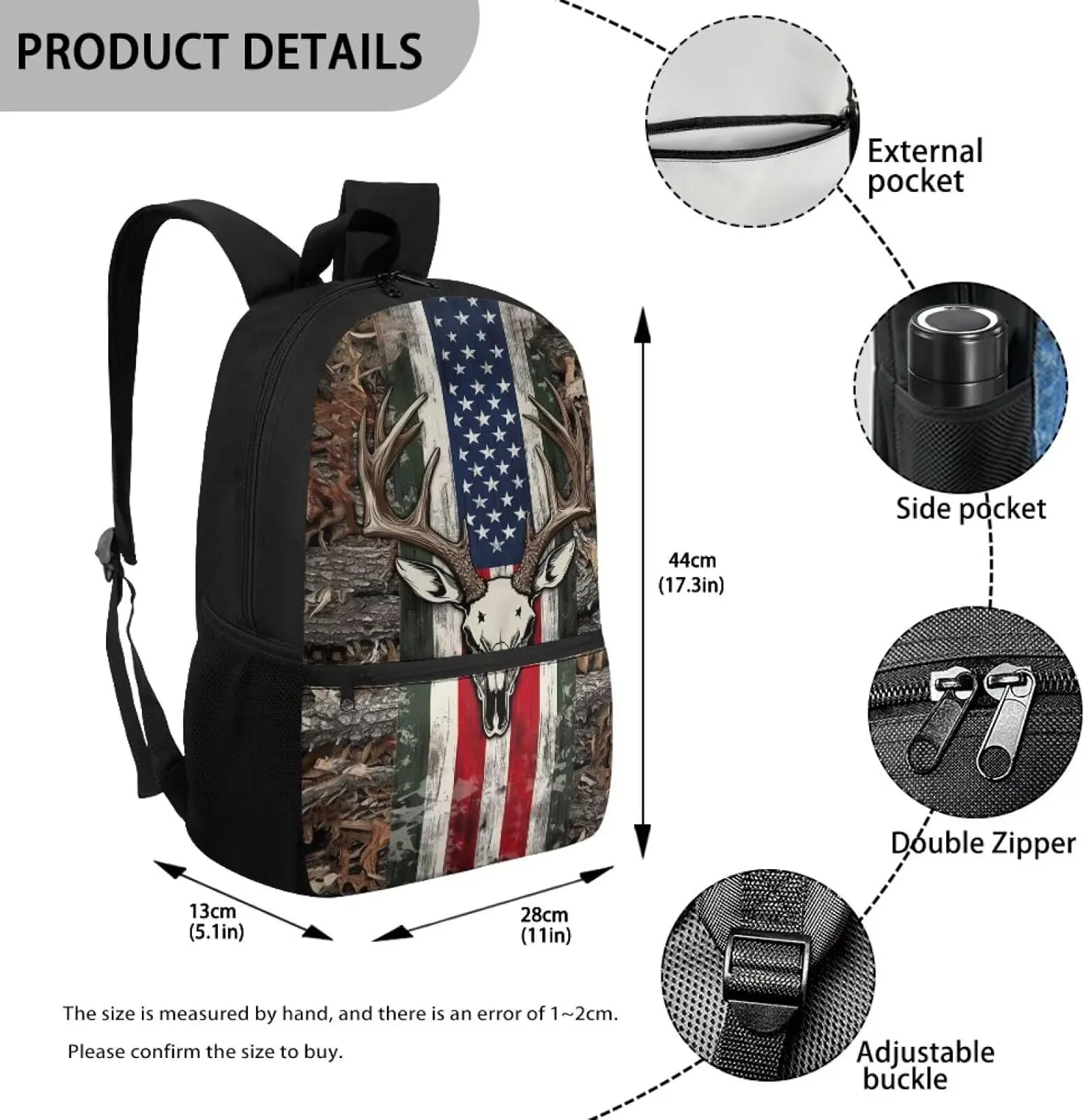 Wood Deer Boys School Backpacks for Elementary 17'' School Bag with Front Zip Pocket Camo American Flag Backpack for Kids Boys 8-10 Large Capacity 2nd Grade Bookbag
