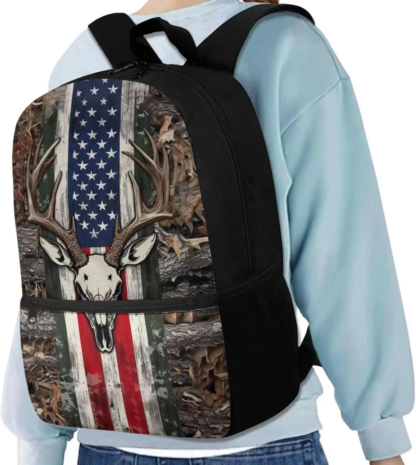 Wood Deer Boys School Backpacks for Elementary 17'' School Bag with Front Zip Pocket Camo American Flag Backpack for Kids Boys 8-10 Large Capacity 2nd Grade Bookbag