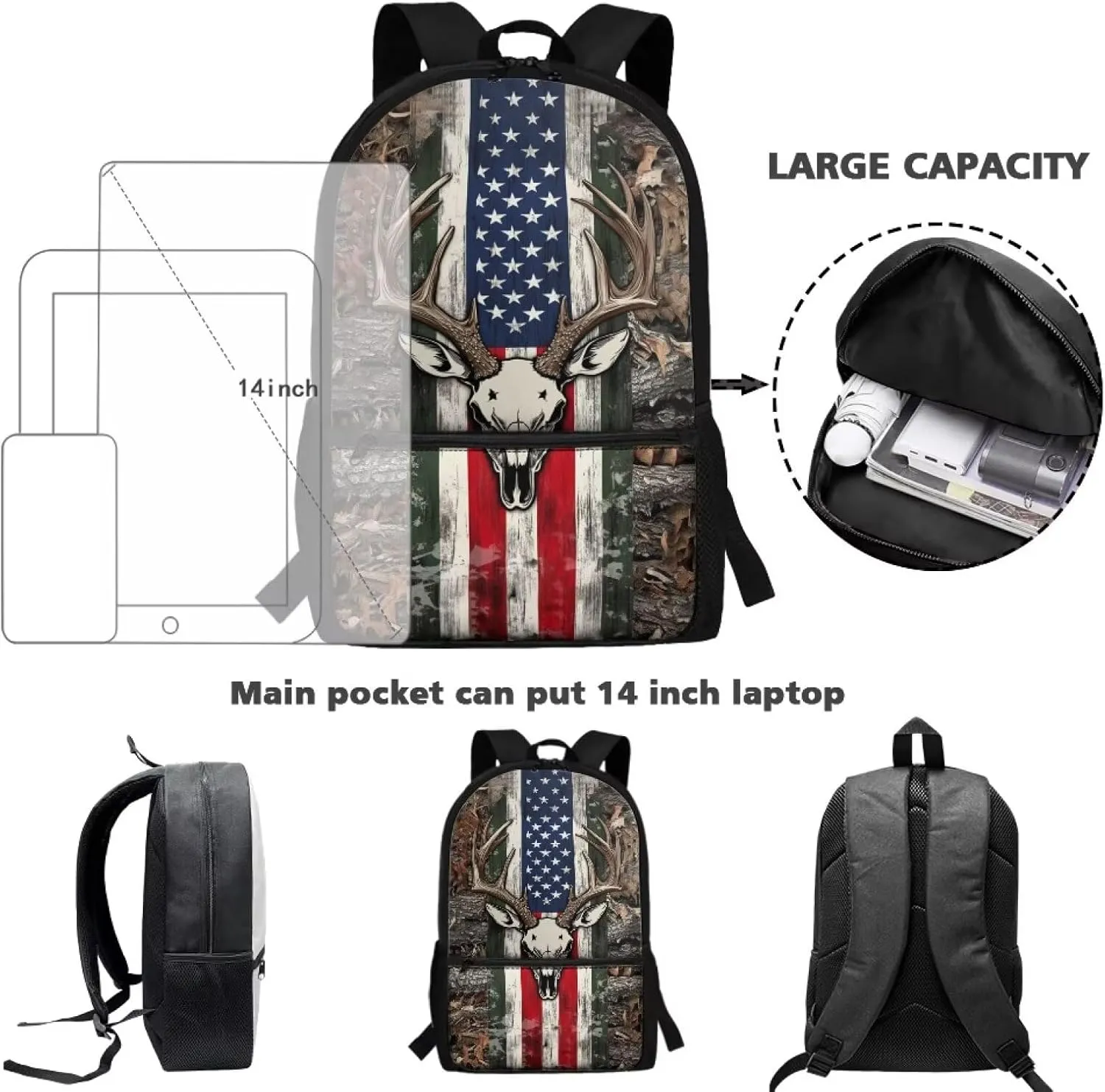 Wood Deer Boys School Backpacks for Elementary 17'' School Bag with Front Zip Pocket Camo American Flag Backpack for Kids Boys 8-10 Large Capacity 2nd Grade Bookbag