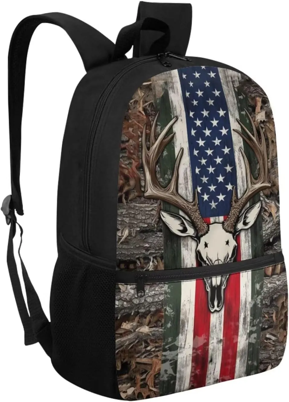 Wood Deer Boys School Backpacks for Elementary 17'' School Bag with Front Zip Pocket Camo American Flag Backpack for Kids Boys 8-10 Large Capacity 2nd Grade Bookbag