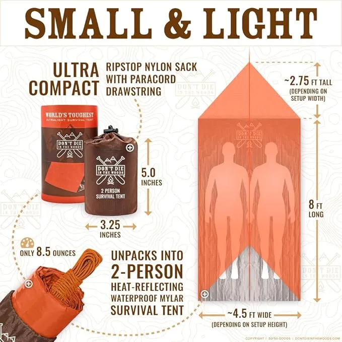 World's Toughest Ultralight Survival Tent • 2 Person Mylar Emergency Shelter Tube Tent   Paracord • Year-Round All Weather Protection for Hiking, Camping, & Outdoor Survival Kits