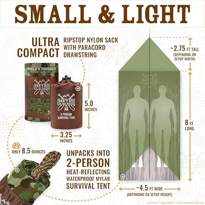 World's Toughest Ultralight Survival Tent • 2 Person Mylar Emergency Shelter Tube Tent   Paracord • Year-Round All Weather Protection for Hiking, Camping, & Outdoor Survival Kits