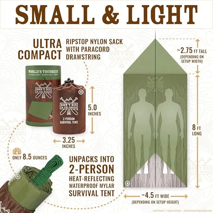 World's Toughest Ultralight Survival Tent • 2 Person Mylar Emergency Shelter Tube Tent   Paracord • Year-Round All Weather Protection for Hiking, Camping, & Outdoor Survival Kits