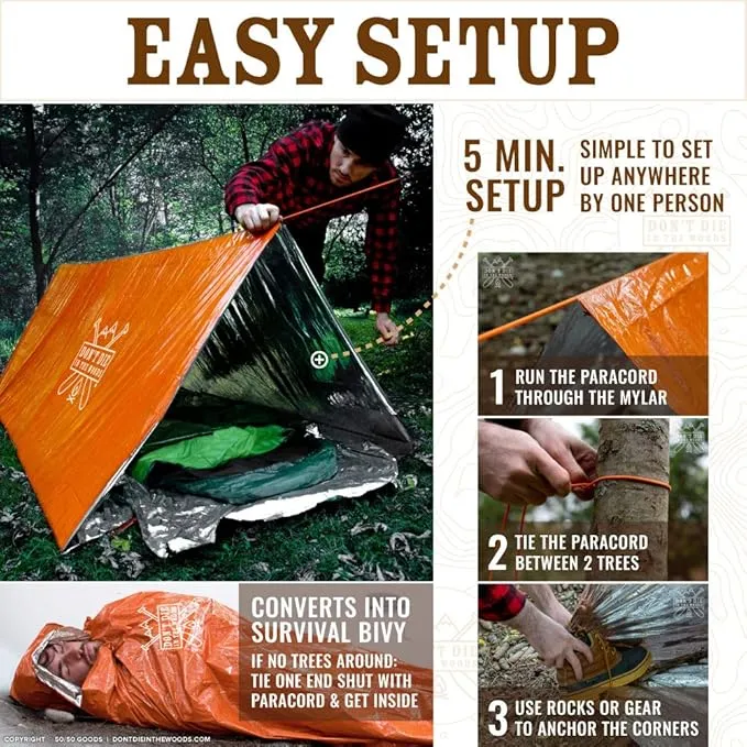 World's Toughest Ultralight Survival Tent • 2 Person Mylar Emergency Shelter Tube Tent   Paracord • Year-Round All Weather Protection for Hiking, Camping, & Outdoor Survival Kits