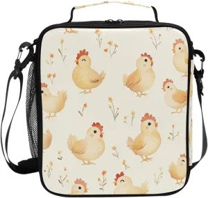 Wudan Cartoon Cute Chicken Beige Insulated Lunch Bags for Girls with Pocket Boys Crossbody Lunch Bag for Construction Workers
