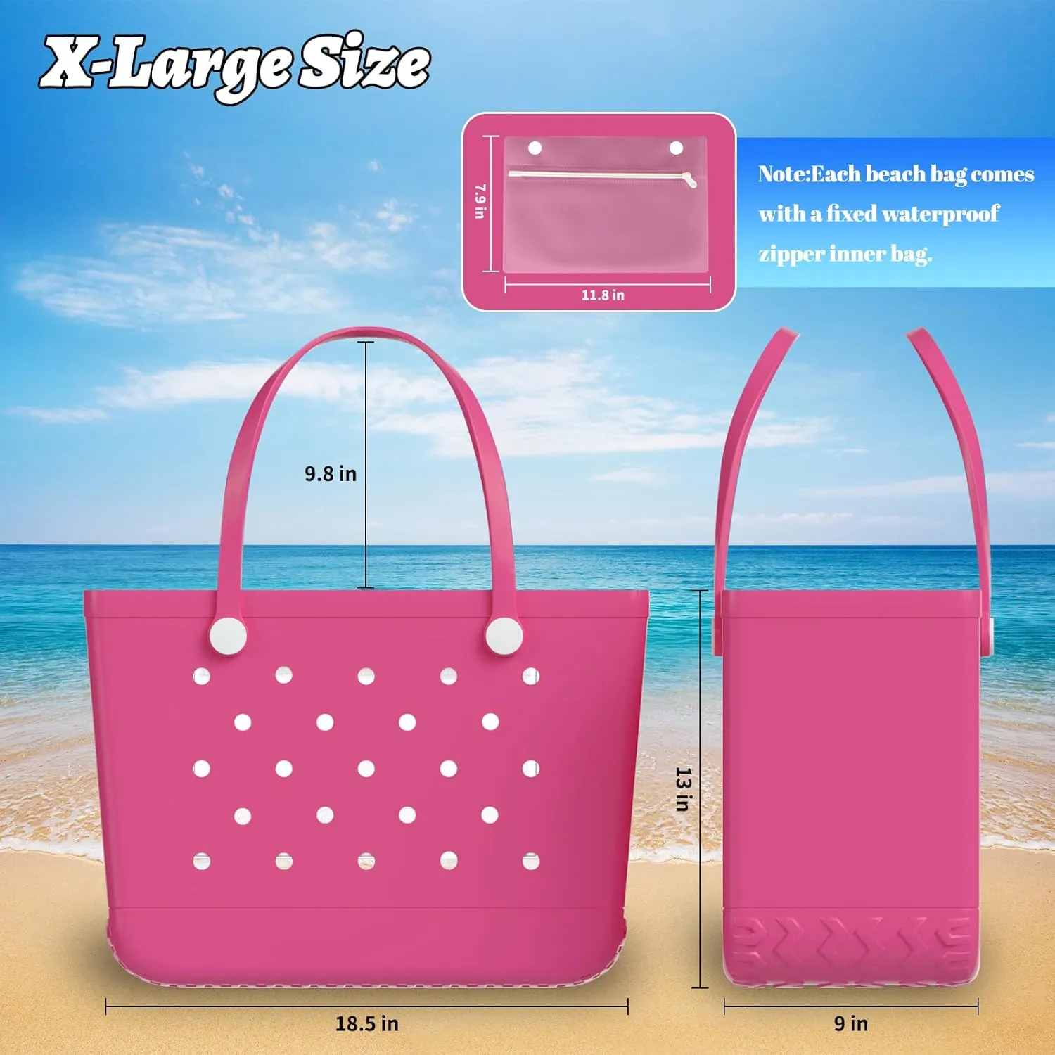 X-Large Beach Tote, Waterproof Zipper Inner Bag, Washable Durable Rubber Tote, Leisure and Storage Bag