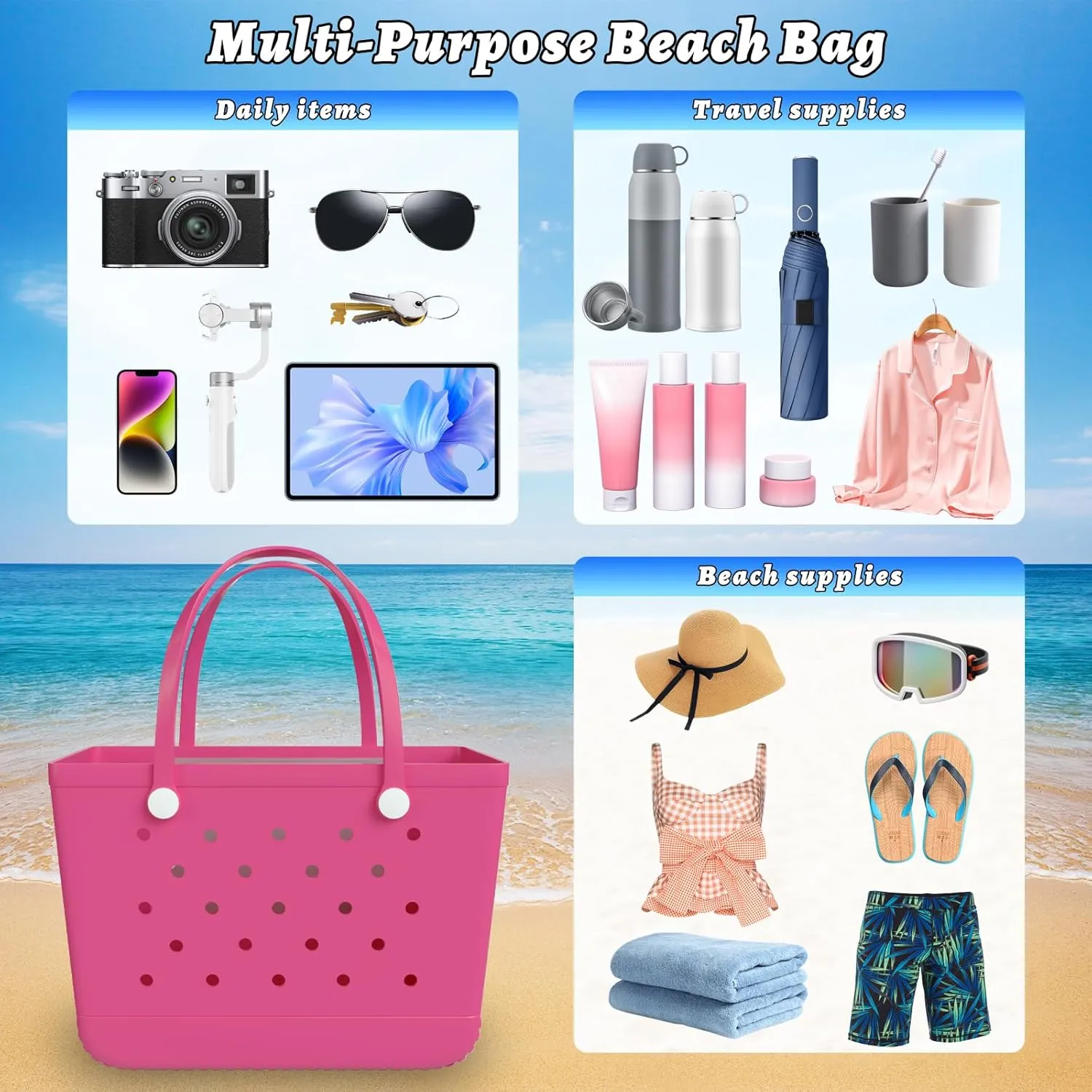 X-Large Beach Tote, Waterproof Zipper Inner Bag, Washable Durable Rubber Tote, Leisure and Storage Bag