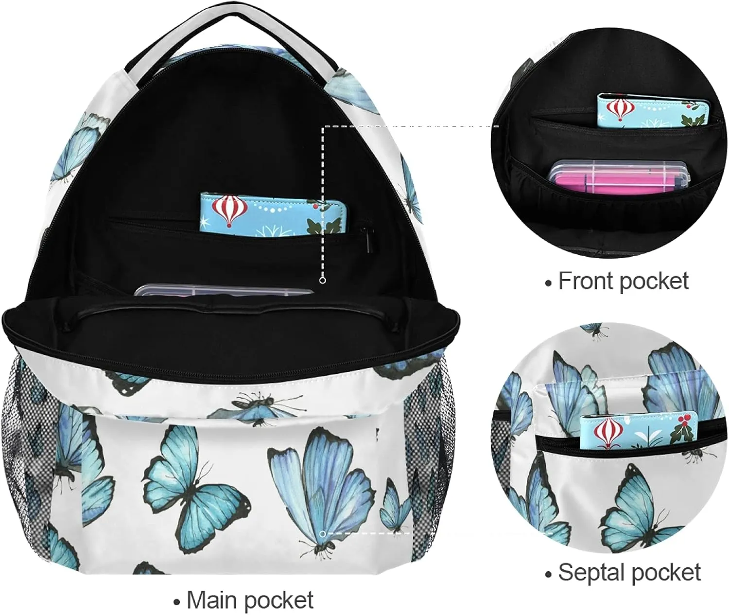 xigua Blue Butterfly Backpacks Waterproof Laptop Casual Daypack Tablet Travel Backpack School Bag with Multiple Pockets