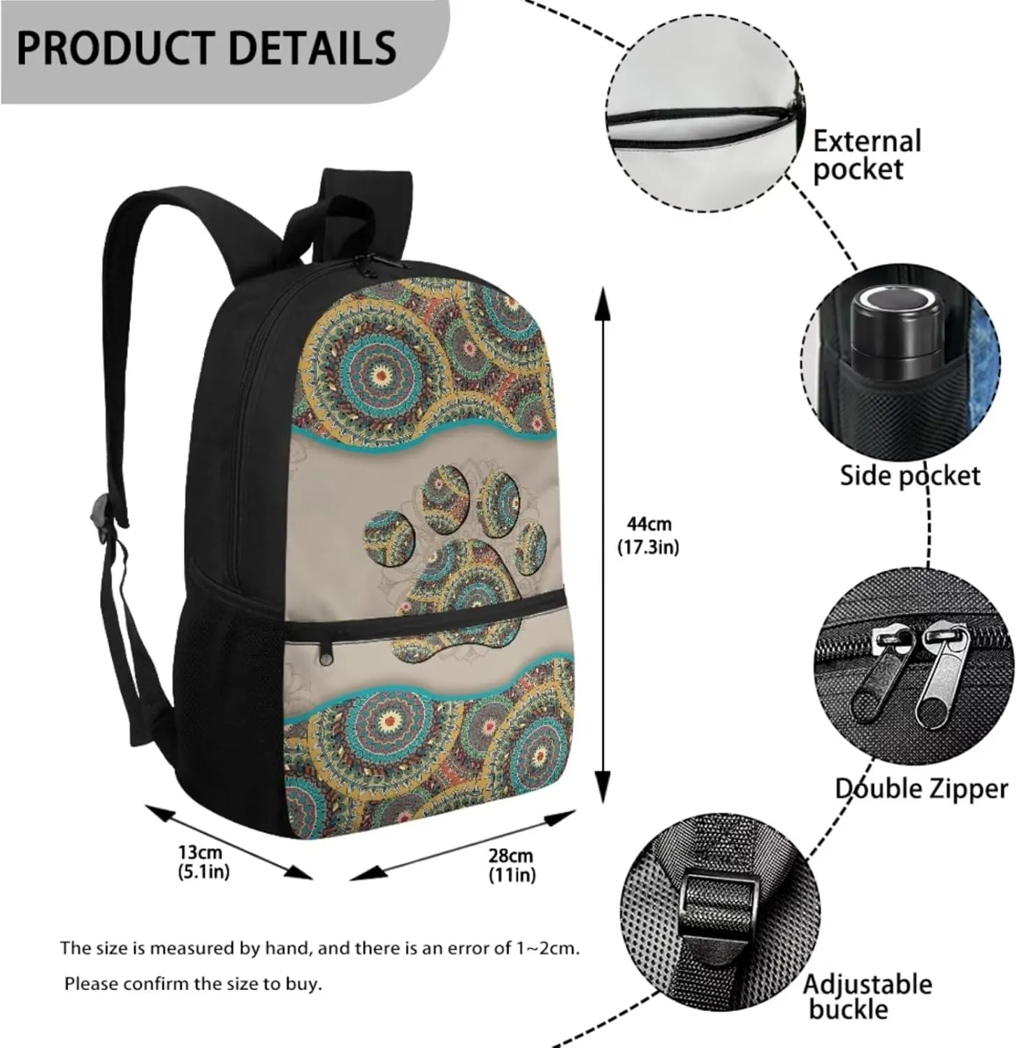 Xoenoiee Boho Mandala Dog Paw Print Kids Backpack Set for Boys Girls 17in School Backpack & Lunch Bag & Pencil Bag 3 in 1 Set for School Picnic Travel Daypack