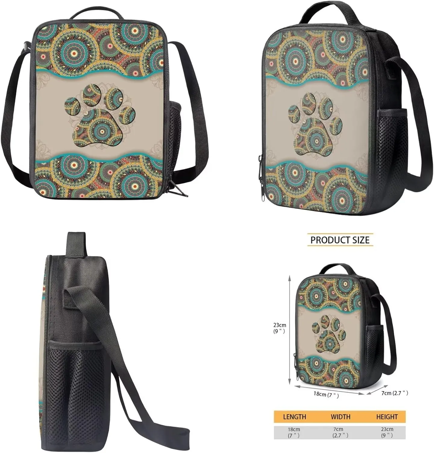 Xoenoiee Boho Mandala Dog Paw Print Kids Backpack Set for Boys Girls 17in School Backpack & Lunch Bag & Pencil Bag 3 in 1 Set for School Picnic Travel Daypack