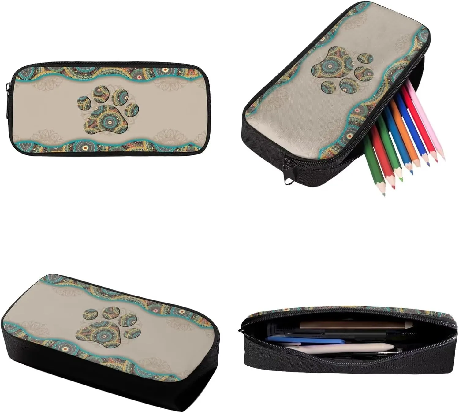 Xoenoiee Boho Mandala Dog Paw Print Kids Backpack Set for Boys Girls 17in School Backpack & Lunch Bag & Pencil Bag 3 in 1 Set for School Picnic Travel Daypack