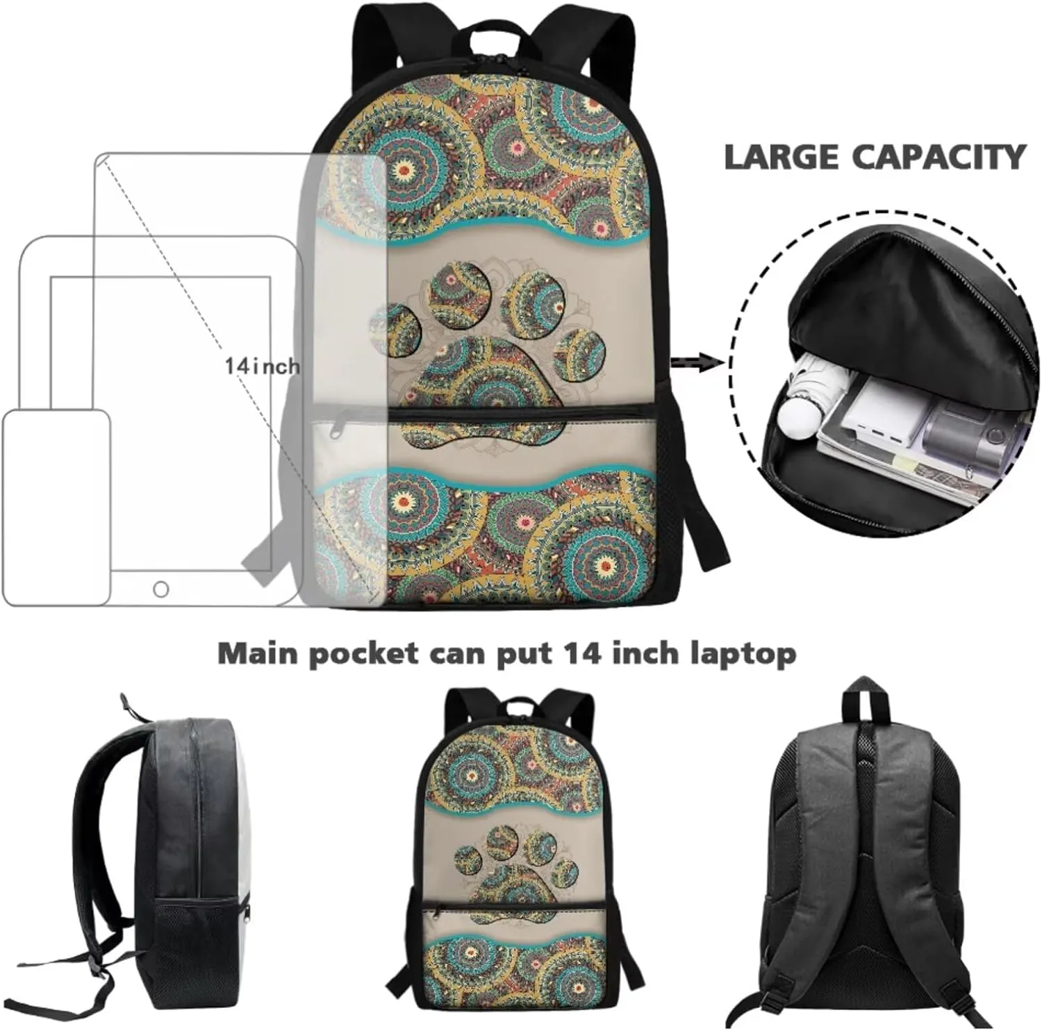 Xoenoiee Boho Mandala Dog Paw Print Kids Backpack Set for Boys Girls 17in School Backpack & Lunch Bag & Pencil Bag 3 in 1 Set for School Picnic Travel Daypack