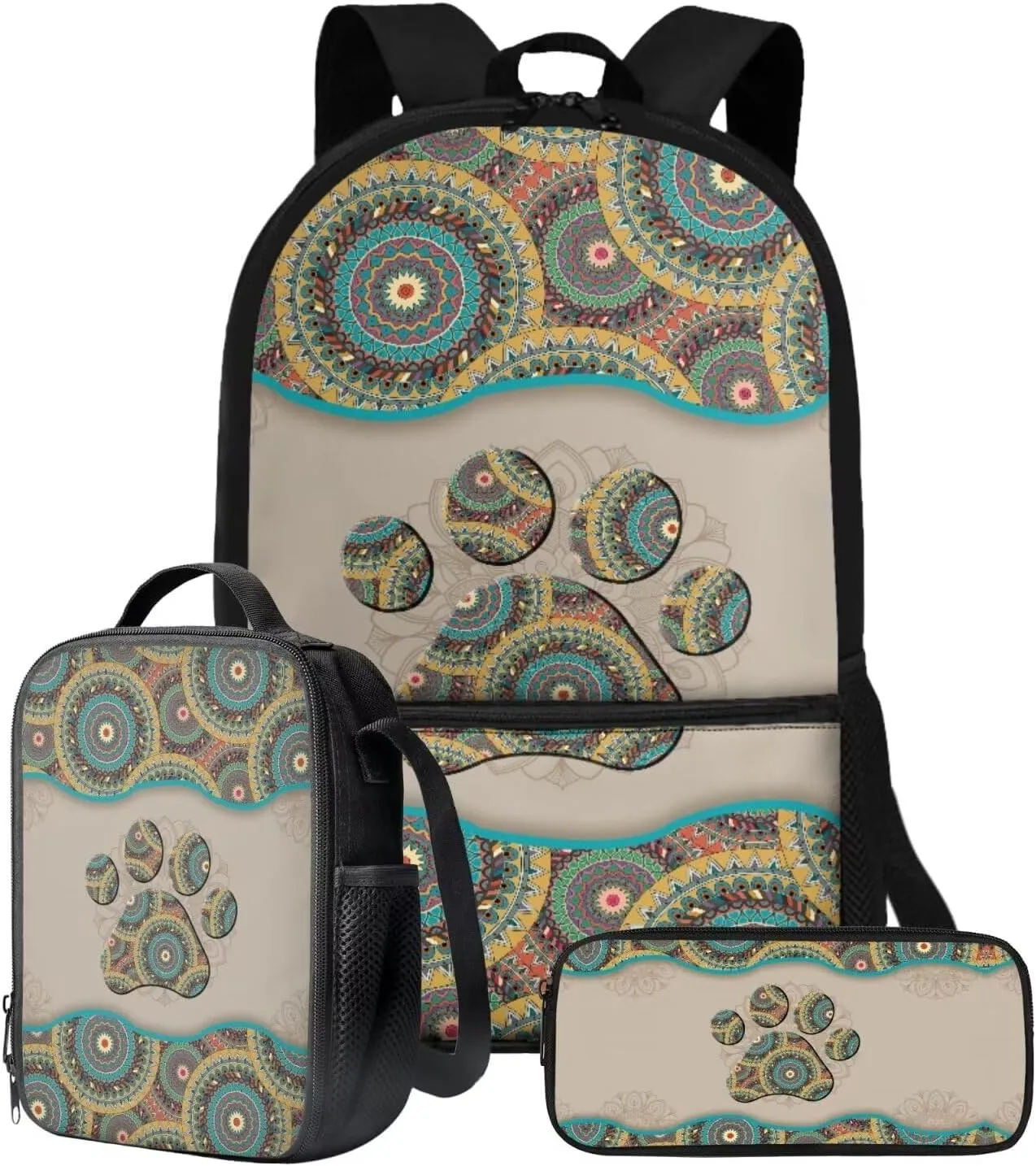 Xoenoiee Boho Mandala Dog Paw Print Kids Backpack Set for Boys Girls 17in School Backpack & Lunch Bag & Pencil Bag 3 in 1 Set for School Picnic Travel Daypack