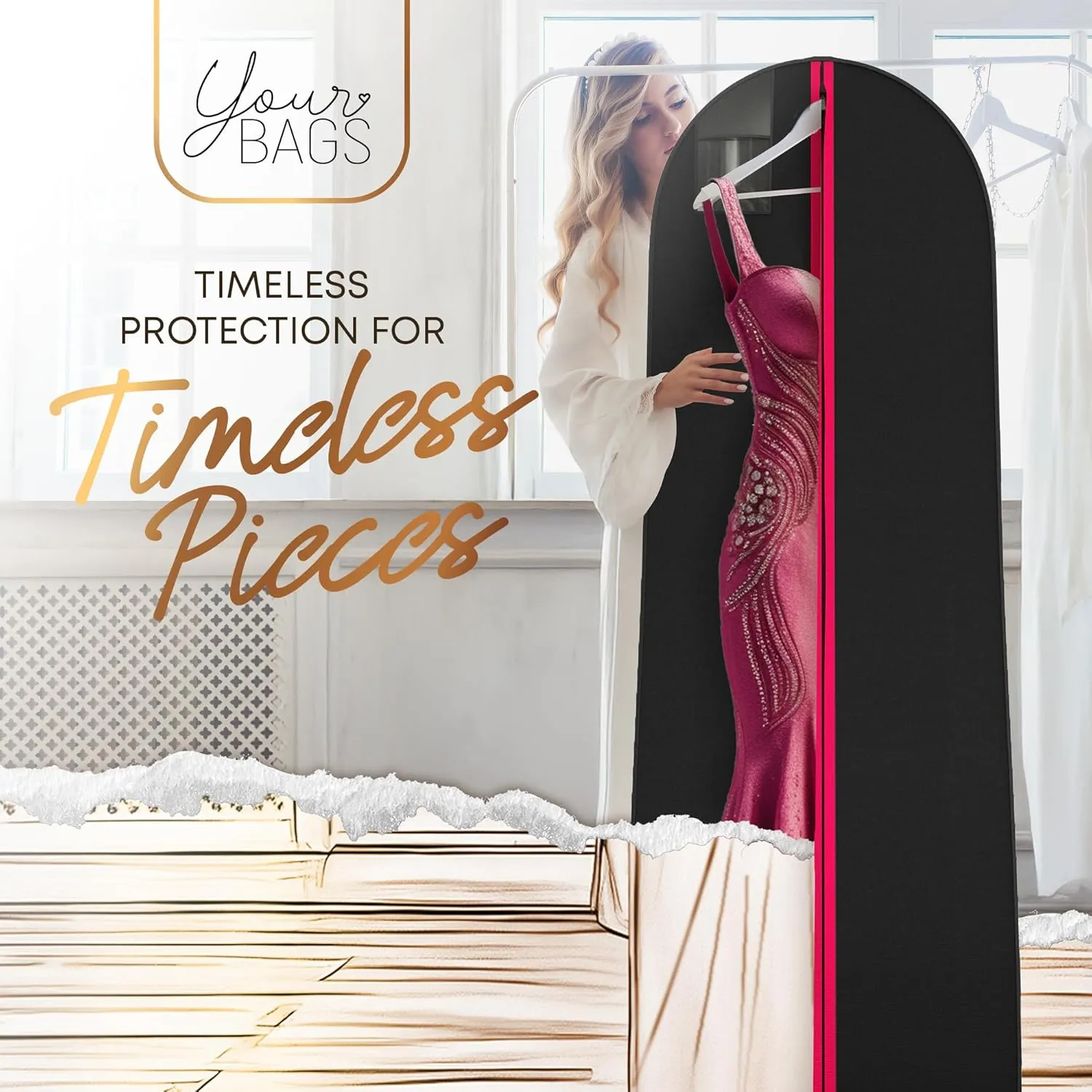 Your Bags Women’s Dress and Gown Garment Bag -72”x24” and 10” Tapered Gusset Prom Bags (Pink & Black Dress Print)