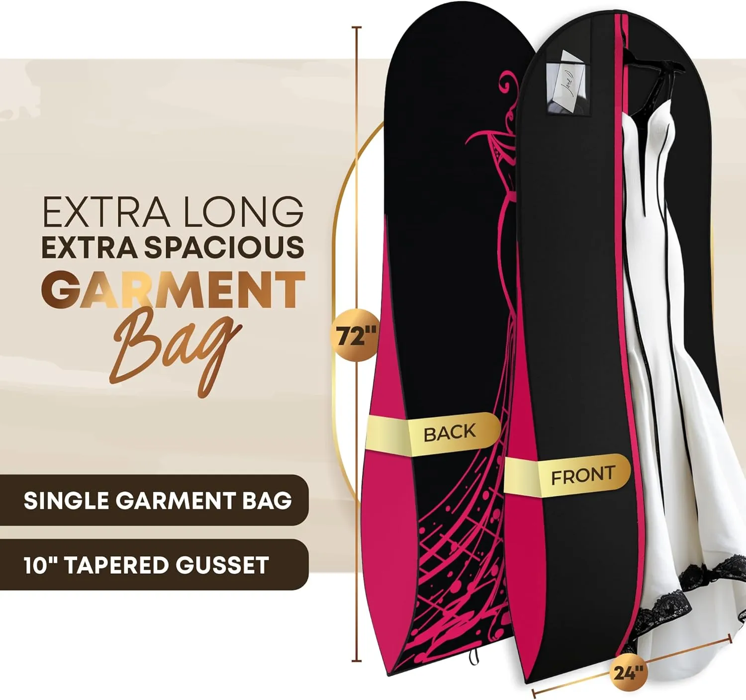 Your Bags Women’s Dress and Gown Garment Bag -72”x24” and 10” Tapered Gusset Prom Bags (Pink & Black Dress Print)
