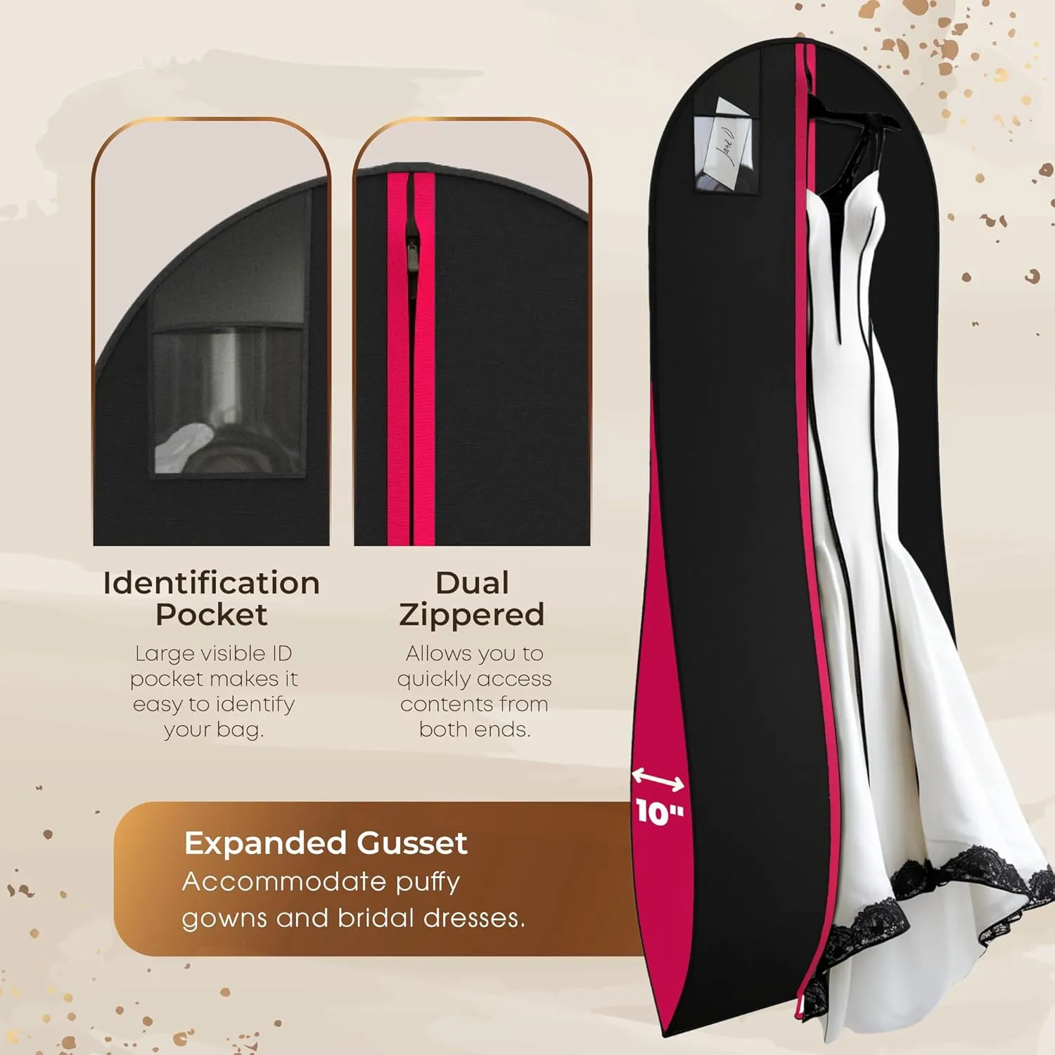 Your Bags Women’s Dress and Gown Garment Bag -72”x24” and 10” Tapered Gusset Prom Bags (Pink & Black Dress Print)