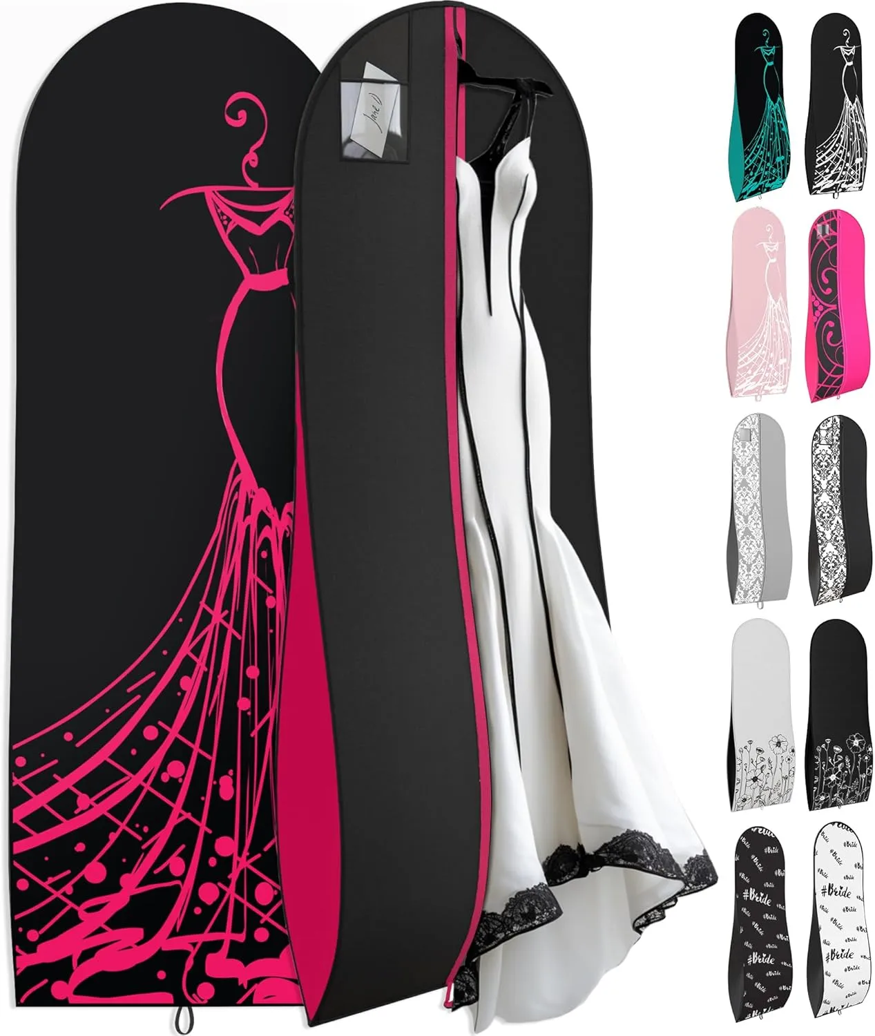 Your Bags Women’s Dress and Gown Garment Bag -72”x24” and 10” Tapered Gusset Prom Bags (Pink & Black Dress Print)