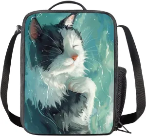 Ystardream Lake Cat Lunch Bag for Girls Soft Cooler Bag Lightweight Thermal Meal Tote Kit With Durable Zipper Pockets Tote Bags Back To School Crossbody Purse Cute