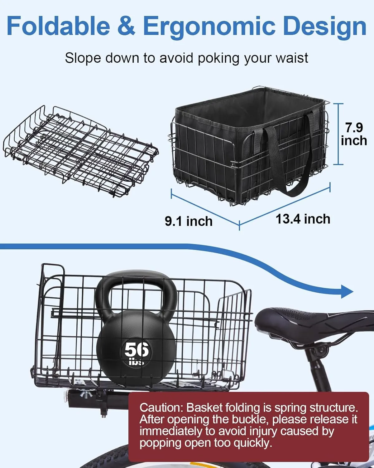 Zacro Bike Basket Front/Rear, Folding Bicycle Basket with Removable Liner Bag, Large Quick Release Design Metal Ebike Basket for Adult Women/Men Carrying Dogs, Pets, Fruit & Grocery