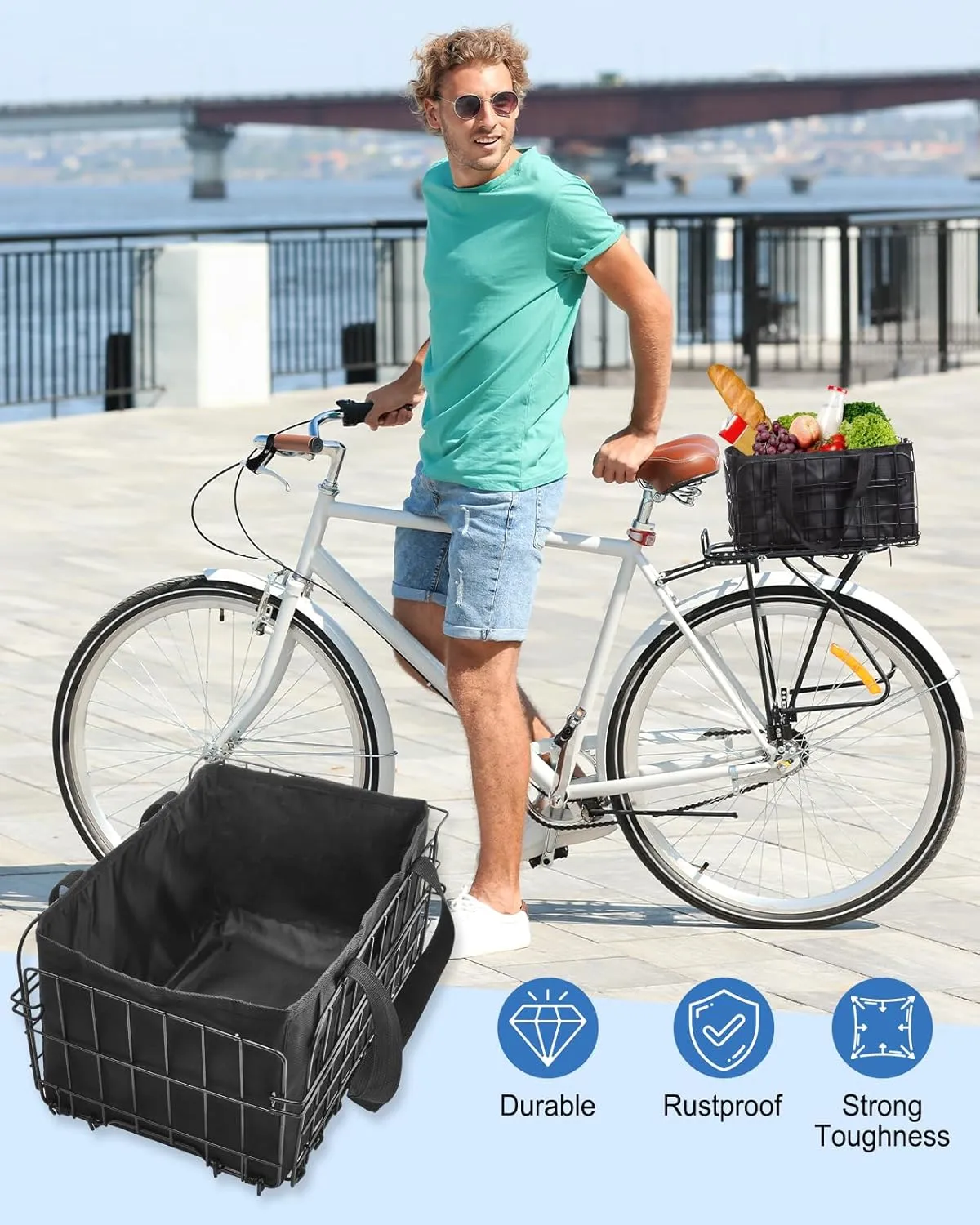 Zacro Bike Basket Front/Rear, Folding Bicycle Basket with Removable Liner Bag, Large Quick Release Design Metal Ebike Basket for Adult Women/Men Carrying Dogs, Pets, Fruit & Grocery