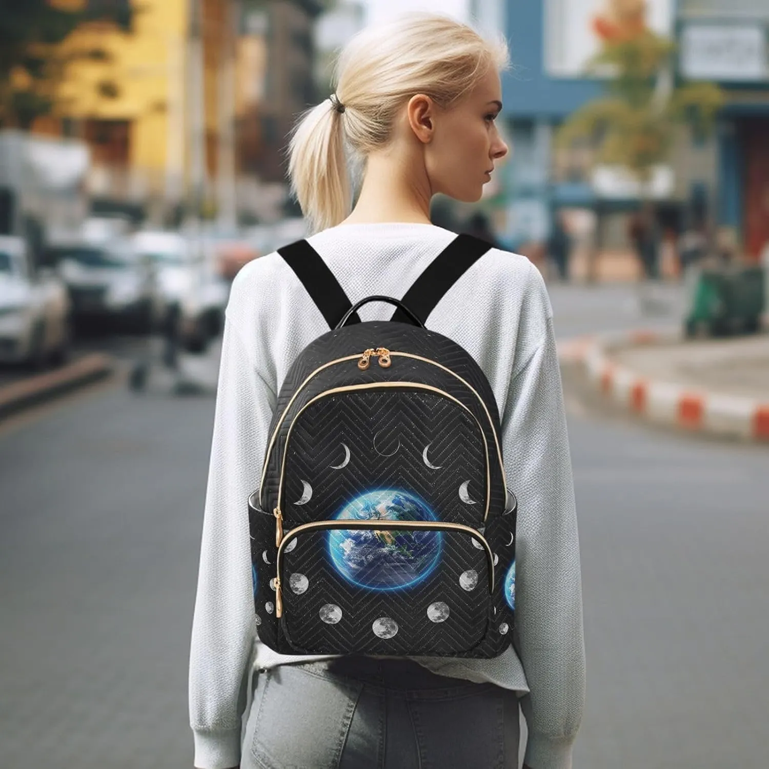 ZAZYXTJ Moon Phase Backpack Purse for Women Quilted Mini Fashion Backpacks Lightweight Travel Casual Backpack