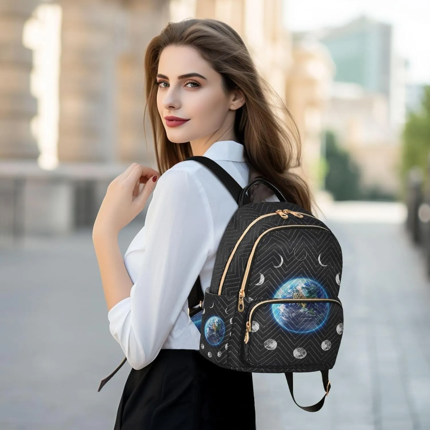 ZAZYXTJ Moon Phase Backpack Purse for Women Quilted Mini Fashion Backpacks Lightweight Travel Casual Backpack