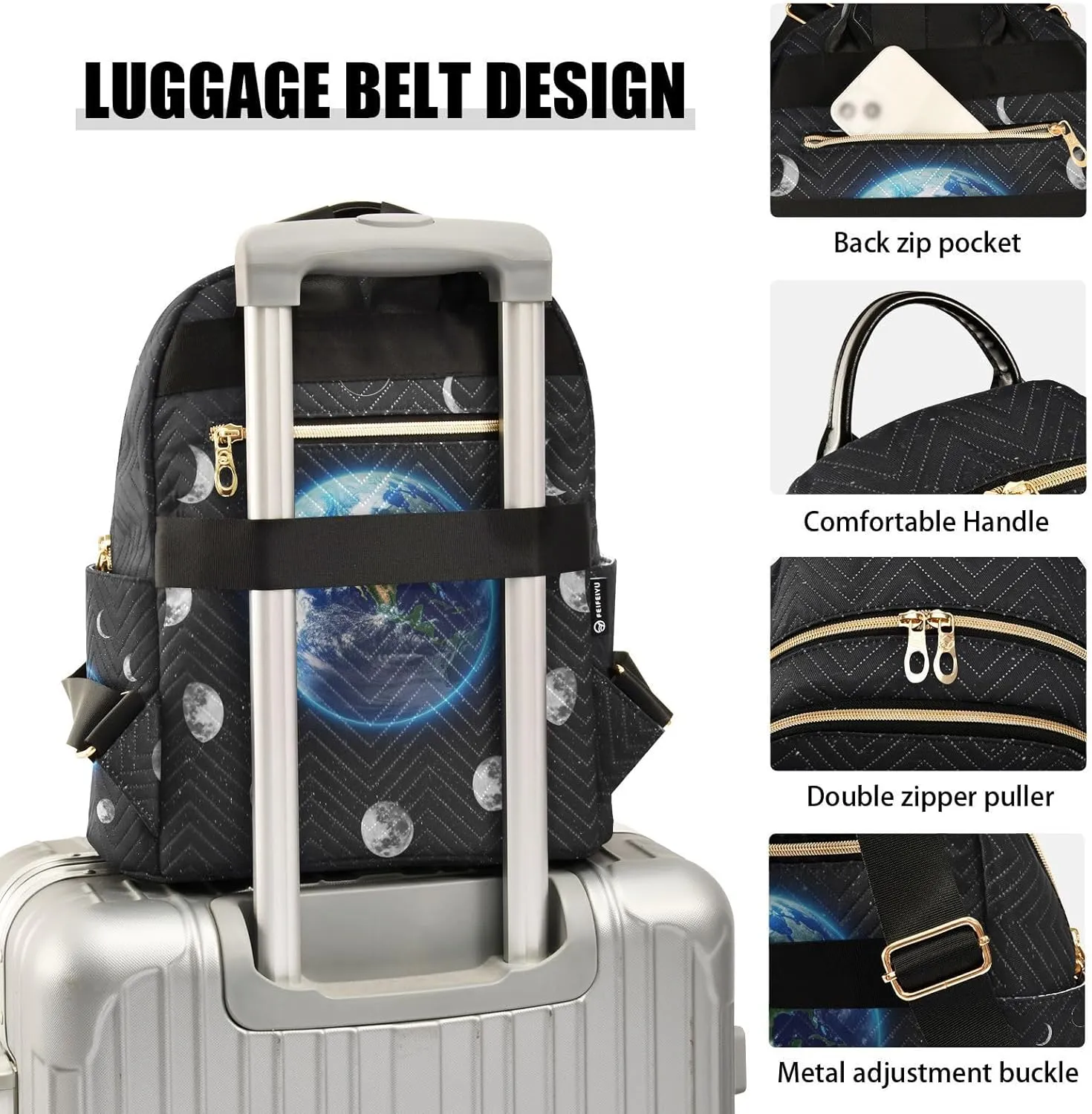 ZAZYXTJ Moon Phase Backpack Purse for Women Quilted Mini Fashion Backpacks Lightweight Travel Casual Backpack