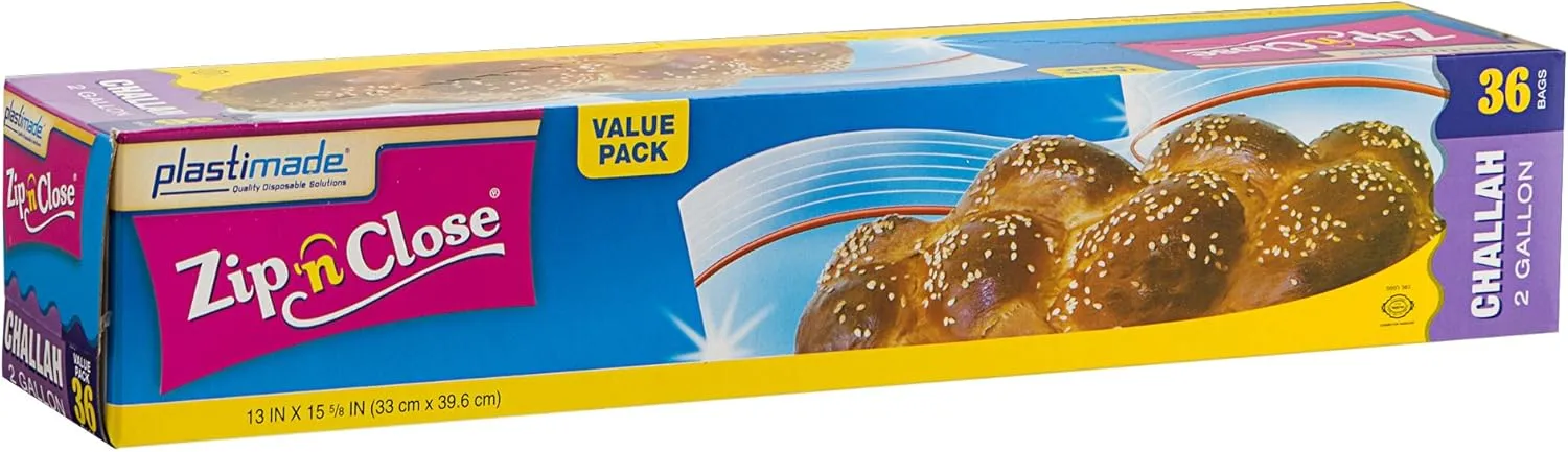 Zip'n'Close Disposable Plastic Resealable Storage Bags, 2 Gallon Size, 36 Bags, Great For Thanksgiving Home, Office, Vacation, Traveling, Sandwich, Fruits, Nuts, Cookies,