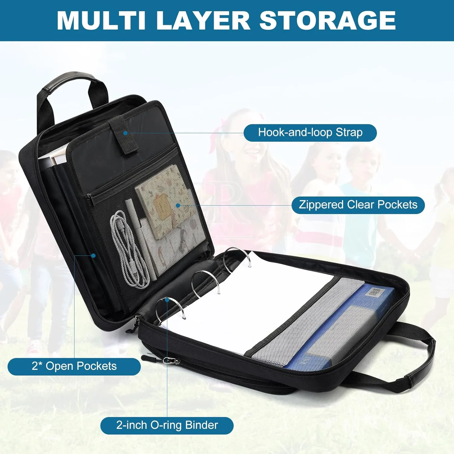 Zipper Binder with Shoulder Strap,3 Ring 2 inch Binder with Zipper, Office Binder Organizer,500 Sheet Capacity (Black)