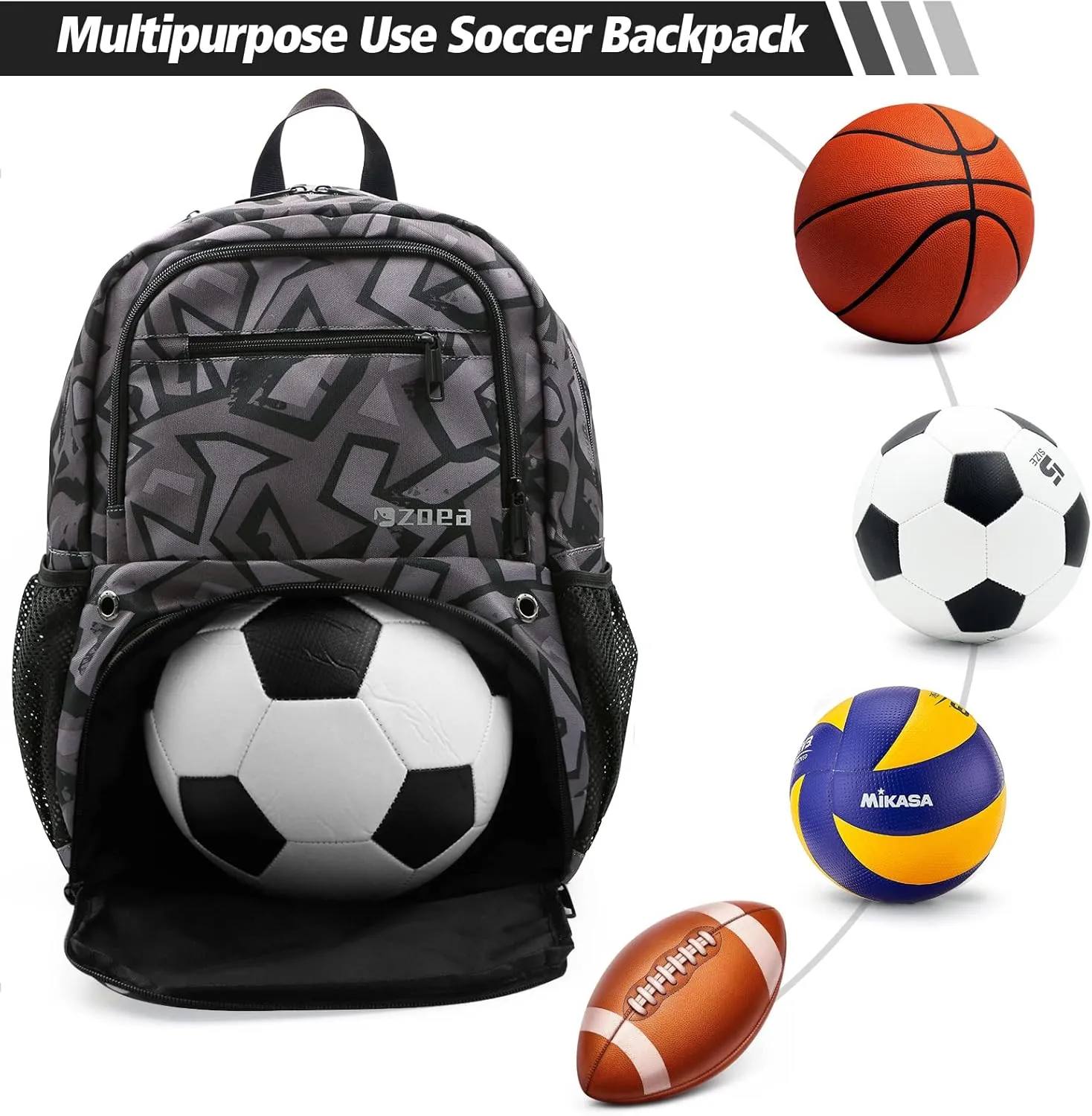 ZOEA Youth Soccer Bags - Boys Girls Backpack for Soccer, Basketball & Football & Volleyball with Ball Compartment