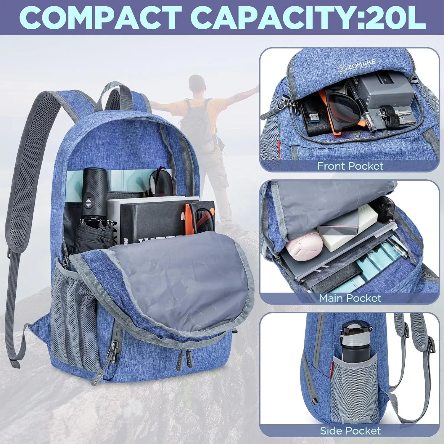 ZOMAKE 20L Lightweight Packable Hiking Backpack - Small Travel Hiking Daypack - Tear Resistant Foldable Day Pack for Camping