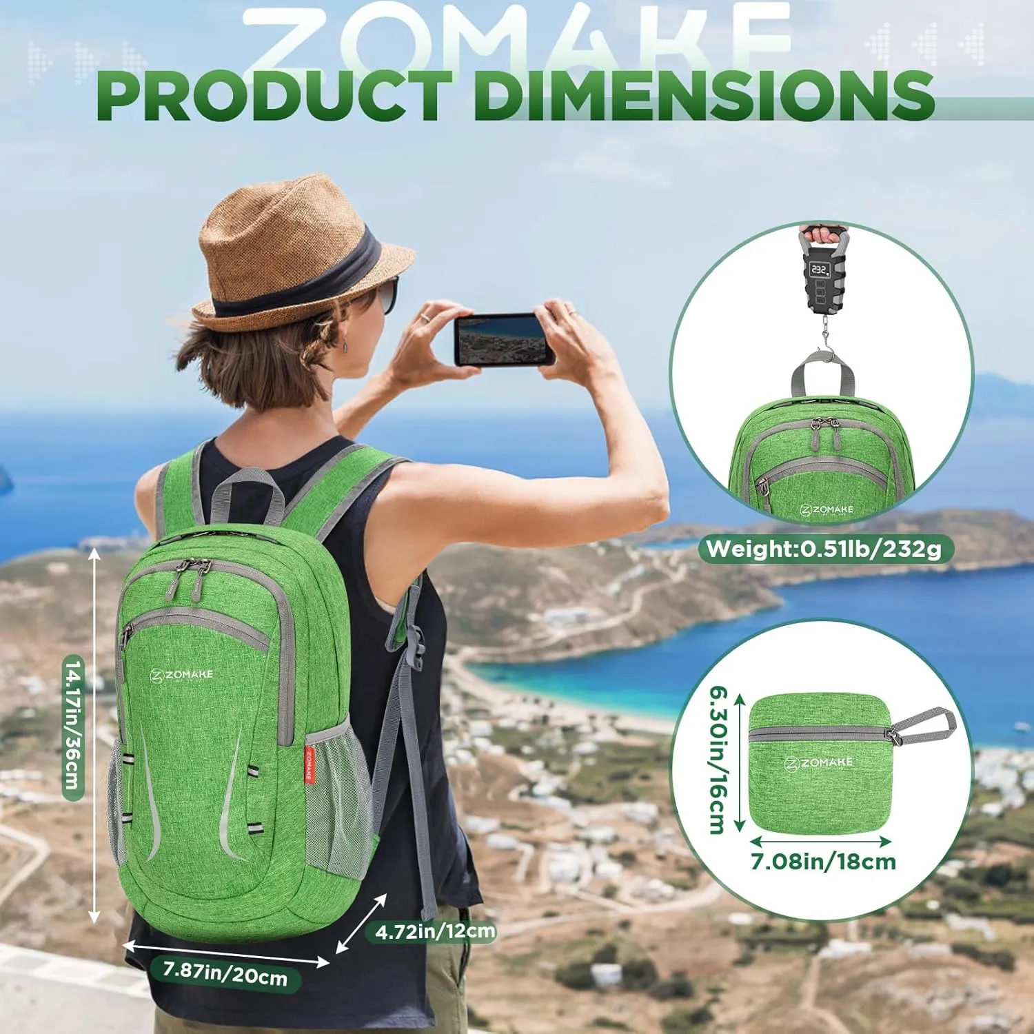 ZOMAKE Lightweight Packable Backpack 20L, Foldable Backpacks Small Daypack Hiking Daypacks Water Resistant Day Bag for Travel(Dark Green)