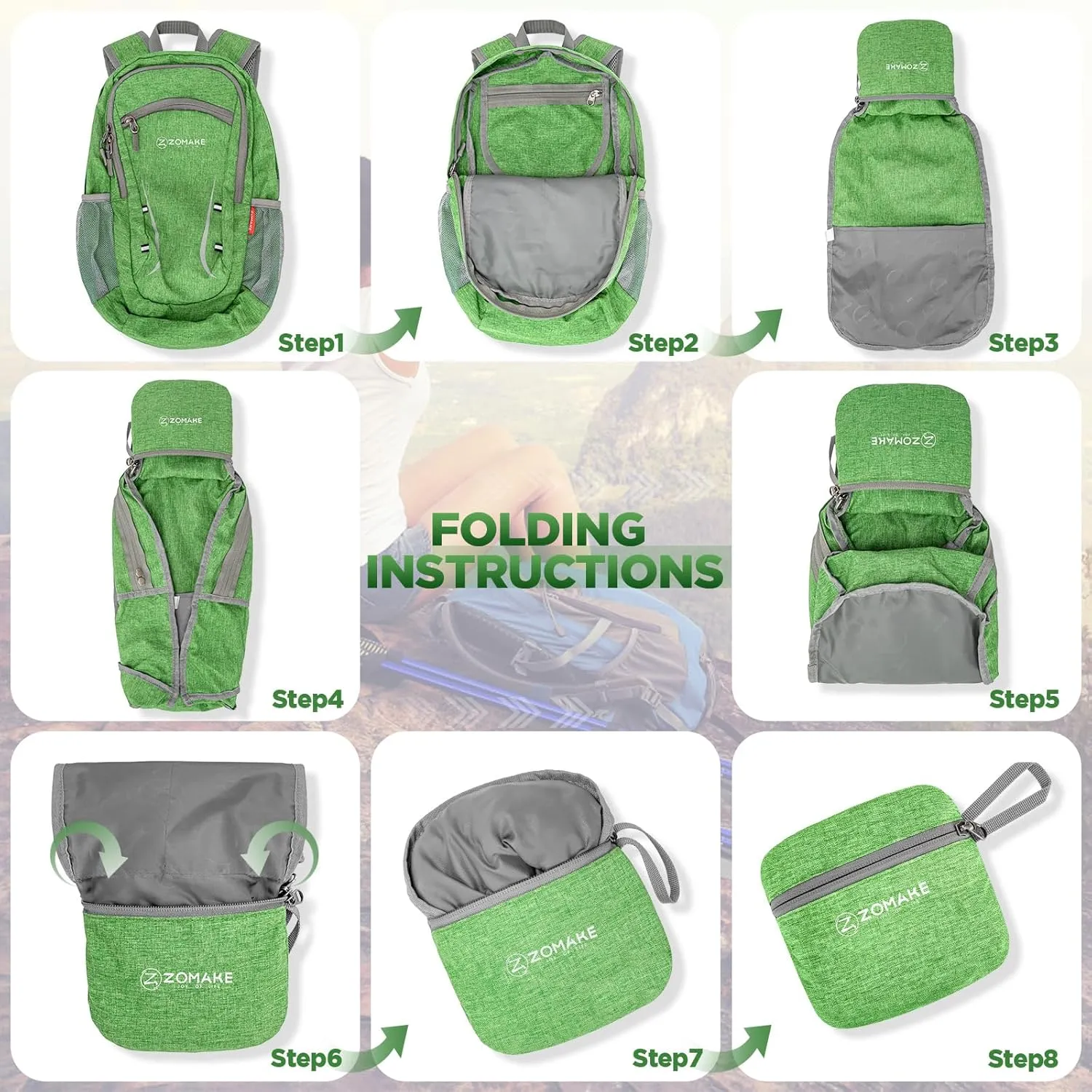 ZOMAKE Lightweight Packable Backpack 20L, Foldable Backpacks Small Daypack Hiking Daypacks Water Resistant Day Bag for Travel(Dark Green)