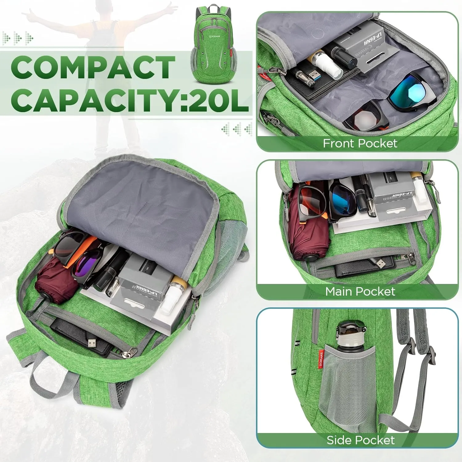 ZOMAKE Lightweight Packable Backpack 20L, Foldable Backpacks Small Daypack Hiking Daypacks Water Resistant Day Bag for Travel(Dark Green)