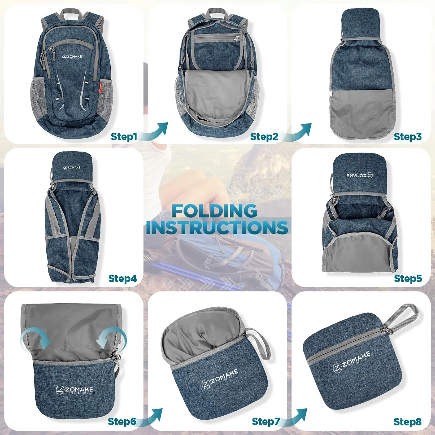 ZOMAKE Lightweight Packable Backpack 20L, Foldable Backpacks Small Daypack Hiking Daypacks Water Resistant Day Bag for Travel(Navy Blue)