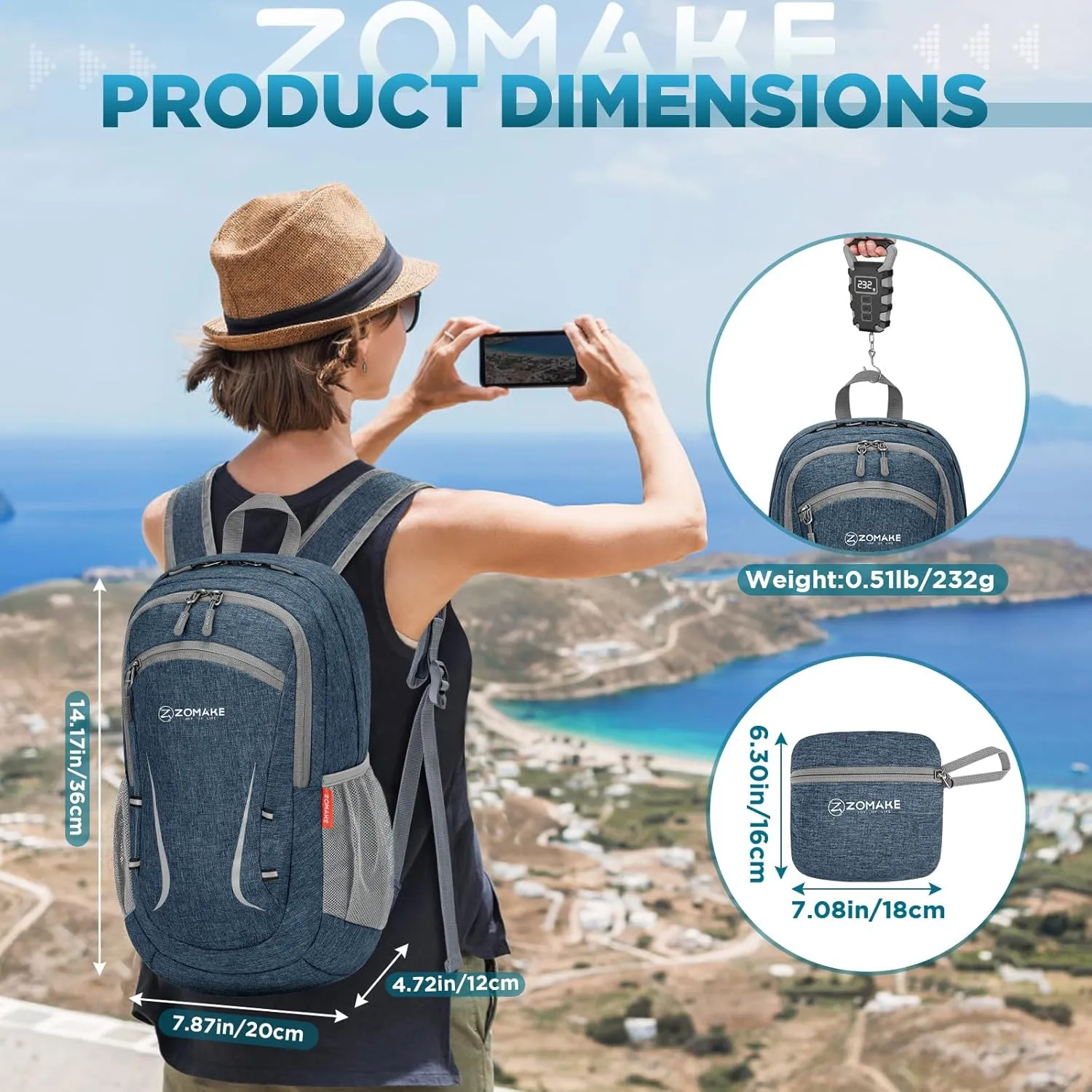 ZOMAKE Lightweight Packable Backpack 20L, Foldable Backpacks Small Daypack Hiking Daypacks Water Resistant Day Bag for Travel(Navy Blue)